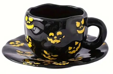 Halloween kop en schotel (zwart / pompoentjes)